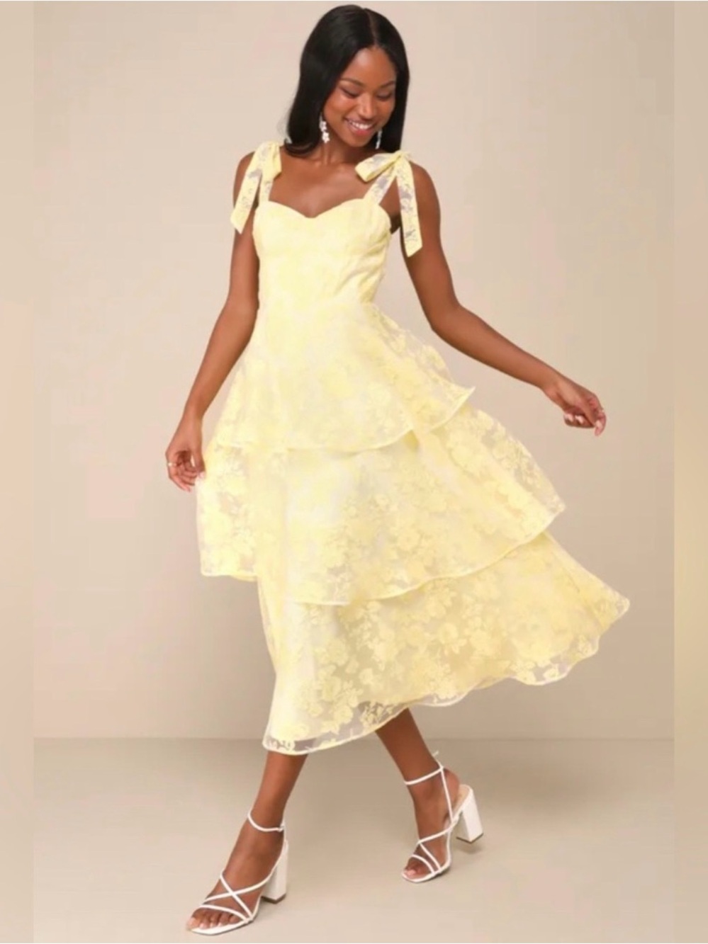 Lulu's Pale Yellow Floral Lace Tiered Midi Dress with Tie Shoulders